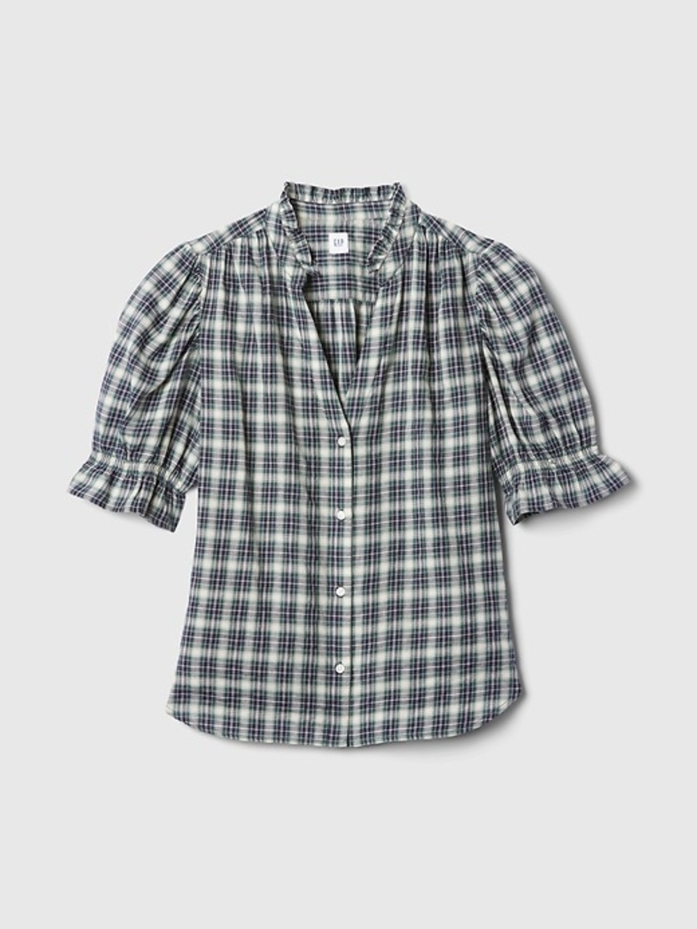 Plaid Ruffle Sleeve Button-Front Blouse - Picture 2 of 6